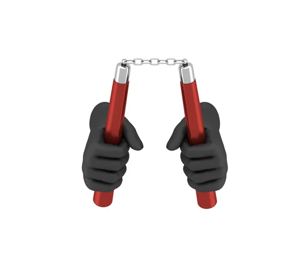 Hand in a black glove holding a nunchaku. 3d render. White backg — Stock Photo, Image