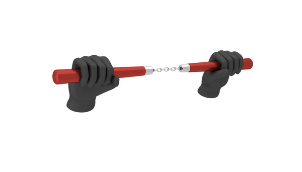 Hand in a black glove holding a nunchaku. 3d render. White backg — Zdjęcie stockowe