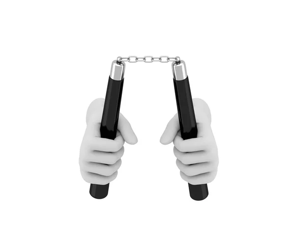 Hand in a white glove holding a nunchaku. 3d render. White backg — Stock fotografie