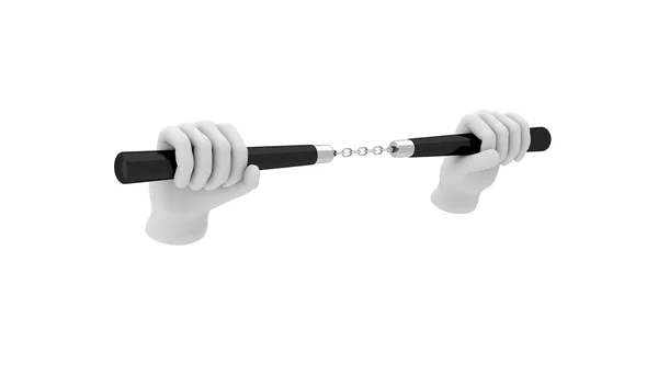 Hand in a white glove holding a nunchaku. 3d render. White backg — Stok fotoğraf