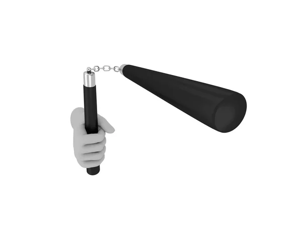 Hand in a white glove holding a nunchaku. 3d render. White backg — 스톡 사진