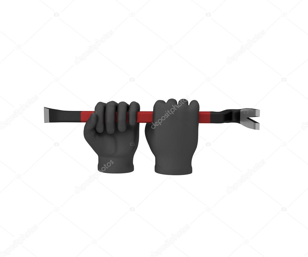 Hands in a black gloves holding a crowbar. 3d render. White back