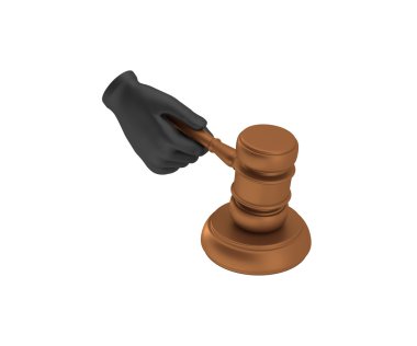 Hand in a black glove holding a gavel. 3d render. White backgrou