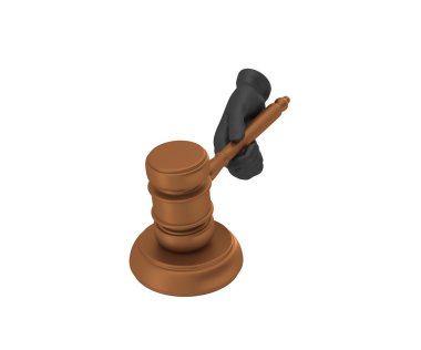 Hand in a black glove holding a gavel. 3d render. White backgrou