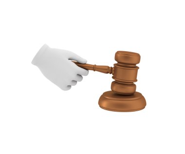 Hand in a white glove holding a gavel. 3d render. White backgrou