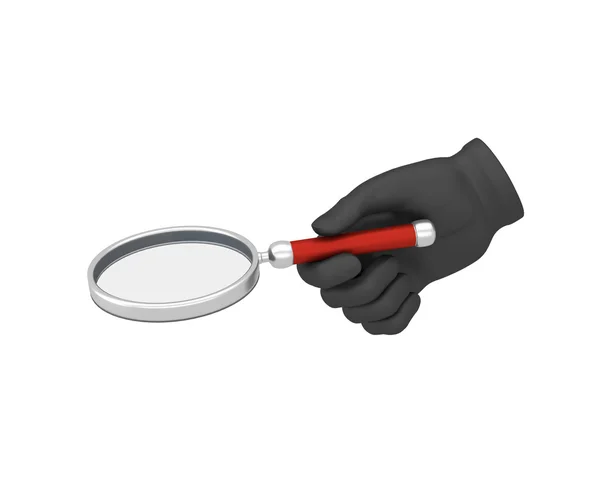 Hand in a black glove holding a loup. 3d render. White backgroun — Stock Photo, Image