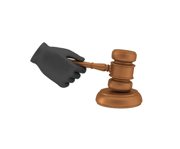 Hand in a black glove holding a gavel. 3d render. White backgrou — Stockfoto