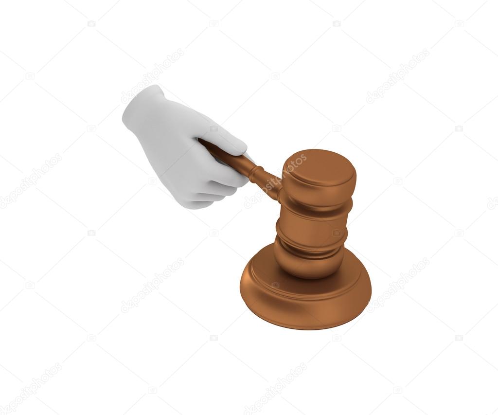 Hand in a white glove holding a gavel. 3d render. White backgrou