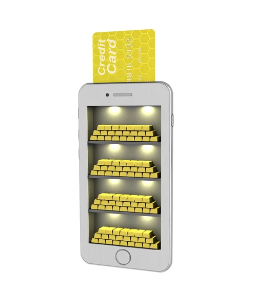 E-banking. lingotti d'oro nello smartphone. Illustrazione 3d su a — Foto Stock