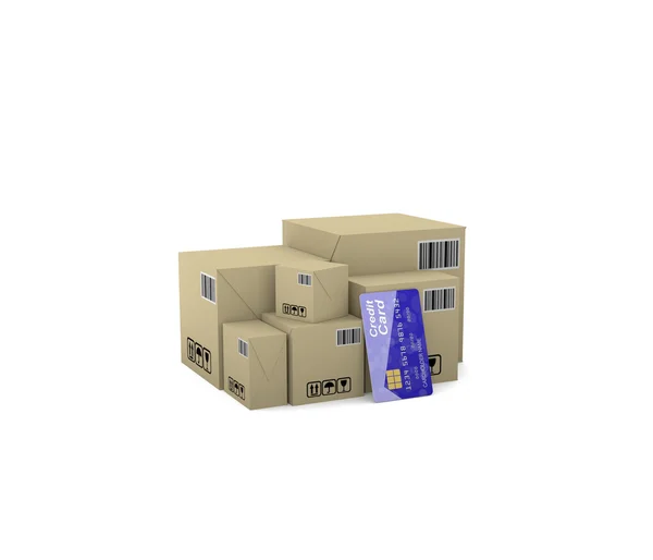 Internet handel. Varor i lådor. 3D illustration på en vit backg — Stockfoto