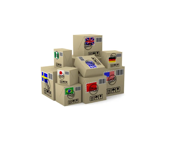 Internet trade. Goods in boxes with the flags of different count — Stock Photo, Image