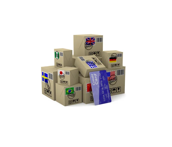 Интернет-торговля. Товары в коробках с флагами разных марок — стоковое фото