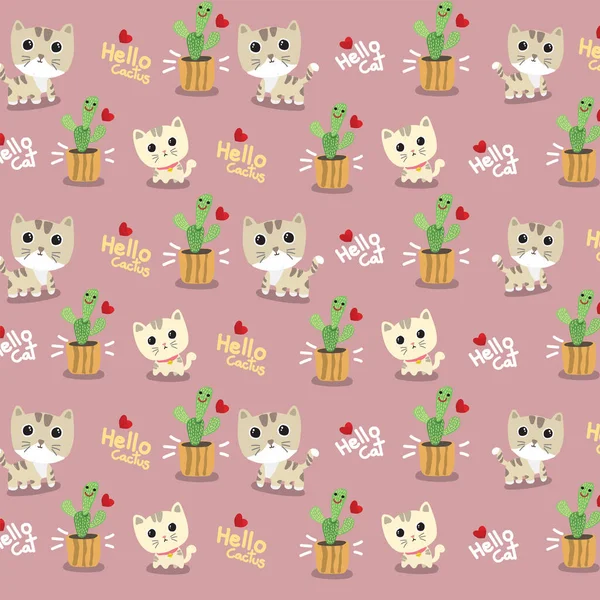 Muster Postkarte Banner Cartoon Katze Und Kaktus Niedlich Glücklich Lächeln — Stockvektor