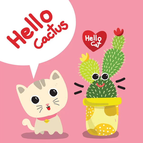 Postcard Banner Cartoon Cat Cactus Cute Happy Smile Vector Illustration — Stock Vector