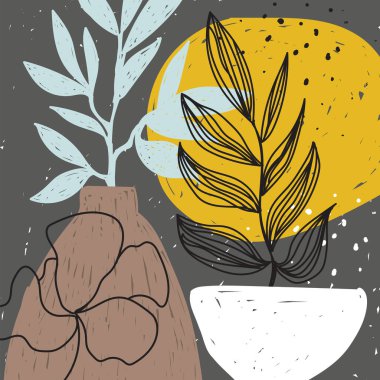 Modern soyut sanat afişi baskı sanat tasarımı çiçek yaprağı vazo kabı illüstrasyonu