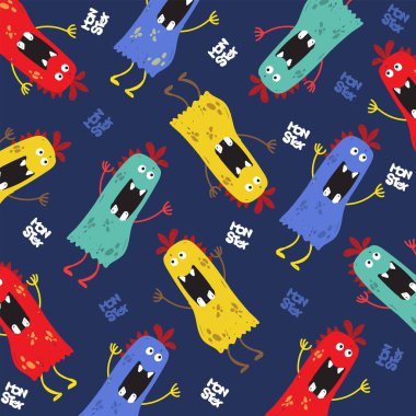  Desenli pankart canavarı şirin renkli mutlu gülümseme arka planı; şablon