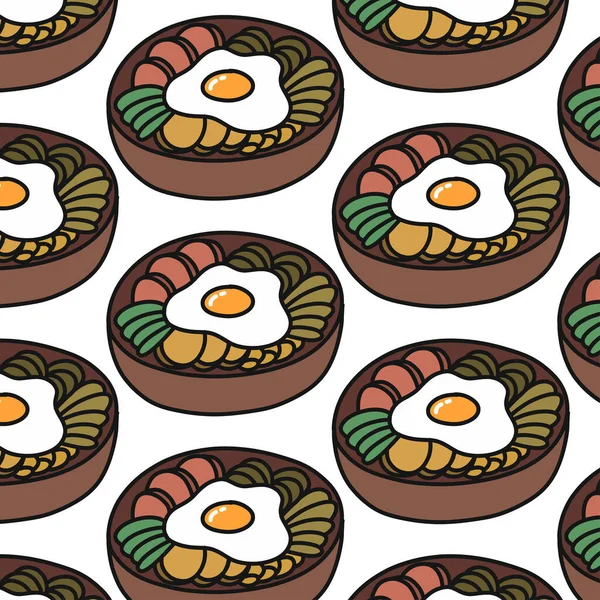 Bibimbap, motif de doodle plat coréen, illustration vectorielle de couleur — Image vectorielle