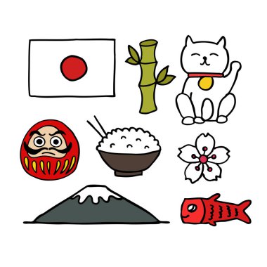 Japon ikonları karalama simgeleri seti, vektör illüstrasyonu
