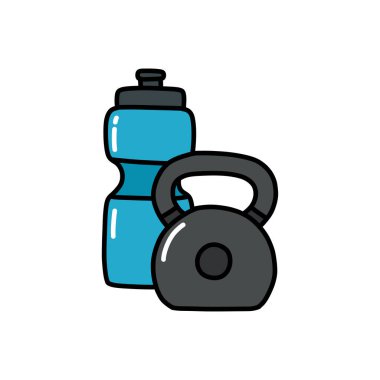 Kettlebell ve bir şişe su karalama ikonu, vektör çizimi