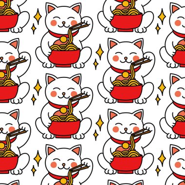 Maneki neko doodle ikonu, Japon şanslı kedi karalaması kusursuz desen, vektör çizimi