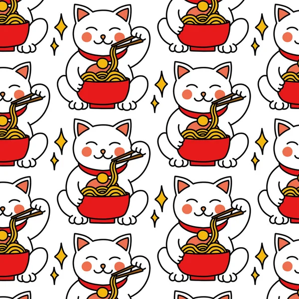 Maneki Neko Ikona Doodle Japoński Szczęśliwy Kot Doodle Bezszwowy Wzór — Wektor stockowy