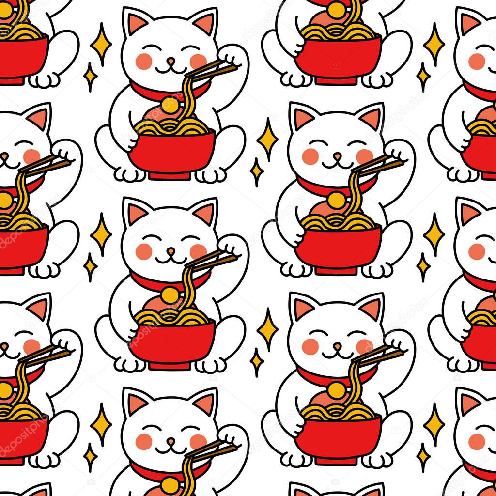 maneki neko doodle icon, japanese lucky cat doodle seamless pattern, vector illustration