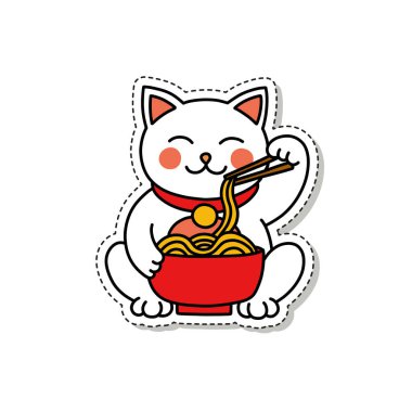 Maneki neko doodle sticker simgesi, Japon şanslı kedisi, vektör illüstrasyonu