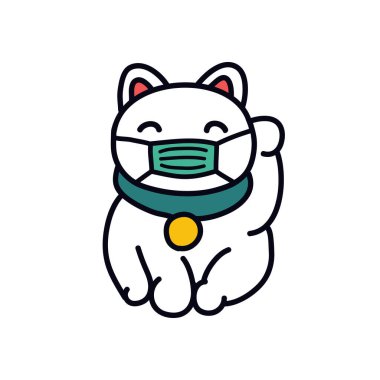 Tıbbi maske karalama ikonu ile maneki neko, vektör illüstrasyonu