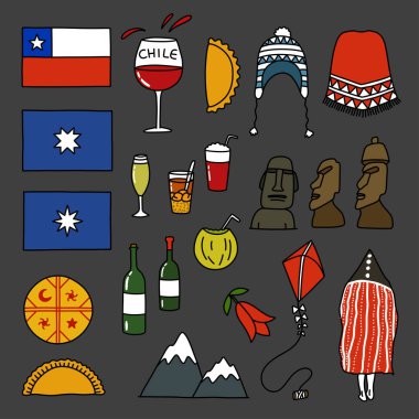 Şili teması, Şili karalama simgeleri, vektör illüstrasyonu