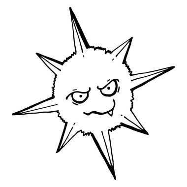 Virüs çizgisi simgesi. İnce çizgi düz çizim. İzole edilmiş. Sinsi sırıtışlı bir virüsün vektör çizgisi.