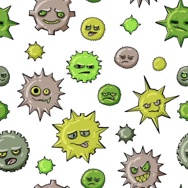 Szín zökkenőmentes minta rajzfilm karakterek vírusok és baktériumok különböző érzelmek — Stock Vector