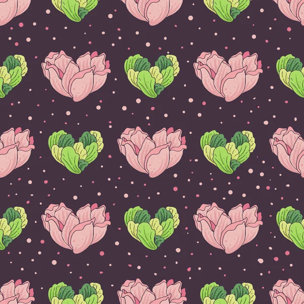 Nahtloses Muster mit Blumen und Grüntönen in Herzform auf violettem Hintergrund. Vektorillustration. — Stockvektor