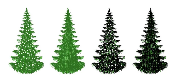 Conjunto vectorial de cuatro árboles de Navidad siempreverdes dibujados a mano por eclosión. Todos los arenques están aislados sobre un fondo blanco — Vector de stock