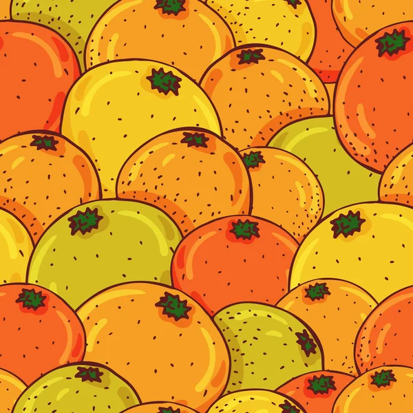 Patrón sin costura vectorial con naranjas, mandarinas, pomelos y pamela. Cítricos jugosos que contienen vitamina C. — Vector de stock