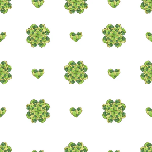 Vegan zelený vektor hladký vzor s rostlinami ve tvaru srdce a chomáče zeleně. — Stockový vektor