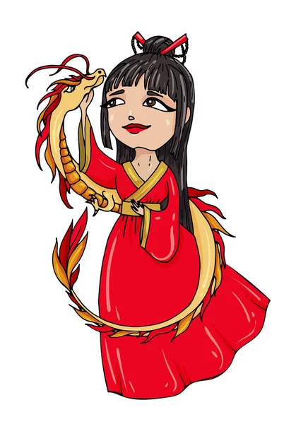 Eine junge schwarzhaarige Chinesin in roter Tracht mit einem goldenen asiatischen Drachen. Vektorillustration. — Stockvektor
