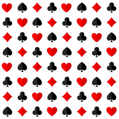 Beyaz arka planda kağıt oynayan takım elbiseli kusursuz desen. Vektör illüstrasyonu.