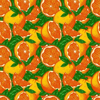 Parlak asitli floresan biçimlendirilmiş portakallar ve birbirine yakın yeşil yapraklarla vektör deseni.