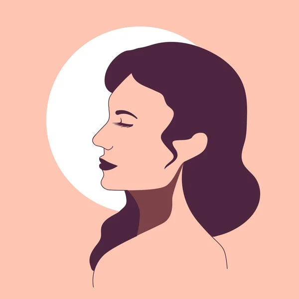 Perfil delicado de una mujer soñadora en rosa pastel y púrpura contra una luna blanca. Ilustración vectorial minimalista — Vector de stock