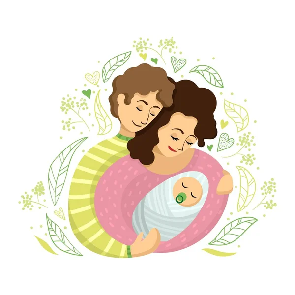 Ehepaar eines Mannes und einer Frau mit einem neugeborenen Baby, umgeben von Blattmustern im Cartoon-Stil. Vektorillustration — Stockvektor