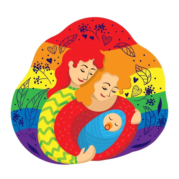 Schwules weibliches Paar mit zwei Müttern, die vor dem Hintergrund einer LGBT-Flagge ein neugeborenes Baby umarmen. Vektorillustration — Stockvektor