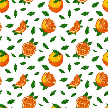 Asitli parlak floresan portakallar ve beyaz arka planda yeşil yapraklarla parlak, pürüzsüz bir desen..
