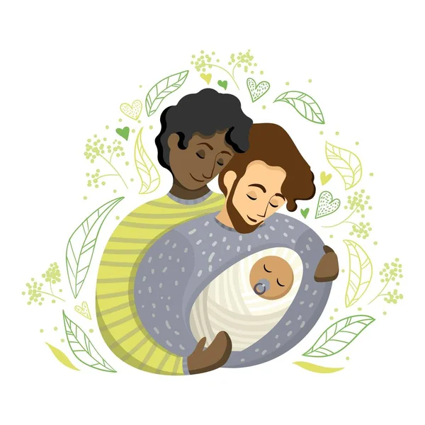 Schwules internationales Paar von zwei Vätern mit neugeborenem Baby, umgeben von Blättern im Cartoon-Stil. Vektorillustration — Stockvektor