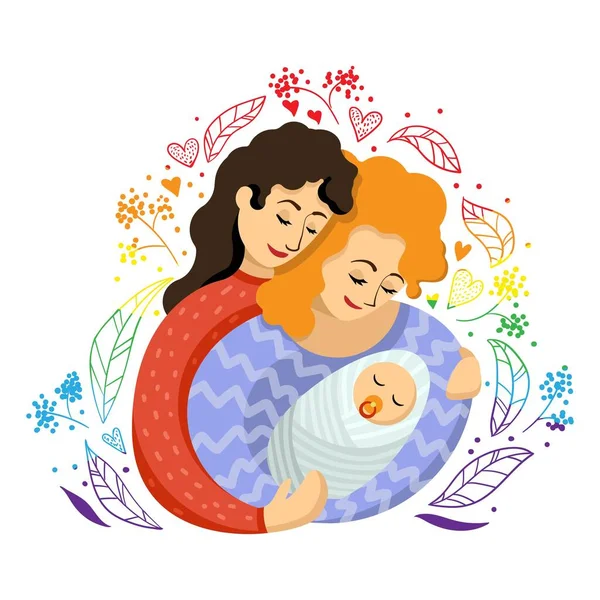 Schwules weibliches Paar mit zwei Müttern, die ein neugeborenes Baby umarmen, umgeben von Blättern im Cartoon-Stil. Vektorillustration — Stockvektor