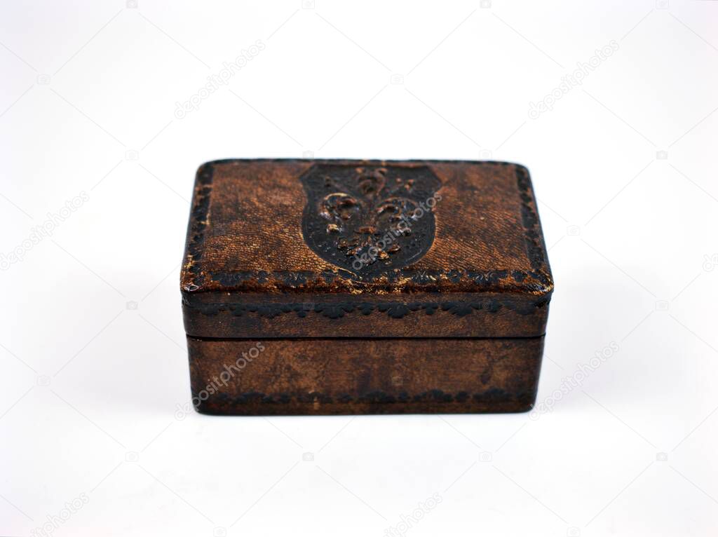 Old ancient wooden gift box isolated on white background