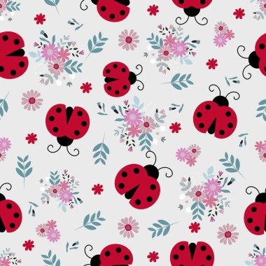 Uğurböceği desensiz arkaplan. Şirin uğur böceği, çiçek deseni bırakıyor. Uğur böceği, çiçek arkaplanı bırakır. Kumaş, tekstil, duvar kağıdı, dekor ve çiçeksiz desen için mükemmel.