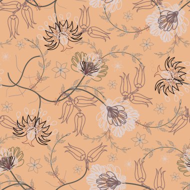 Çiçek desenleri pürüzsüz, Etnik çiçek dalları pürüzsüz desen, vektör, illüstrasyon, çiçek desenli rengarenk çiçeklerle renksiz çiçek deseni. Basit düz parlak çiçek arkaplanı