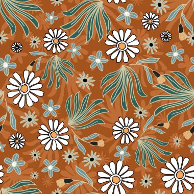 Çiçeksiz desen, Jacobean desenli kusursuz, donanma çiçekli vektör klipsli. Şekillendirilmiş egzotik çiçekleri ve tırmanma bitkileriyle kusursuz bir desen. Moda çiçekli duvar kâğıdı, arka plan. Asya