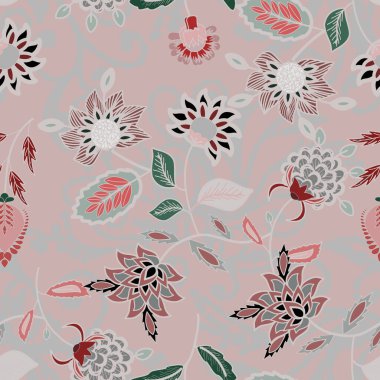 Çiçeksiz desen, Jacobean desenli kusursuz, donanma çiçekli vektör klipsli. Şekillendirilmiş egzotik çiçekleri ve tırmanma bitkileriyle kusursuz bir desen. Moda çiçekli duvar kâğıdı, arka plan. Asya