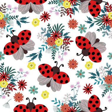 Uğurböceği desensiz arkaplan. Şirin uğur böceği, çiçek deseni bırakıyor. Uğur böceği, çiçek arkaplanı bırakır. Kumaş, tekstil, duvar kağıdı, dekor ve çiçeksiz desen için mükemmel.